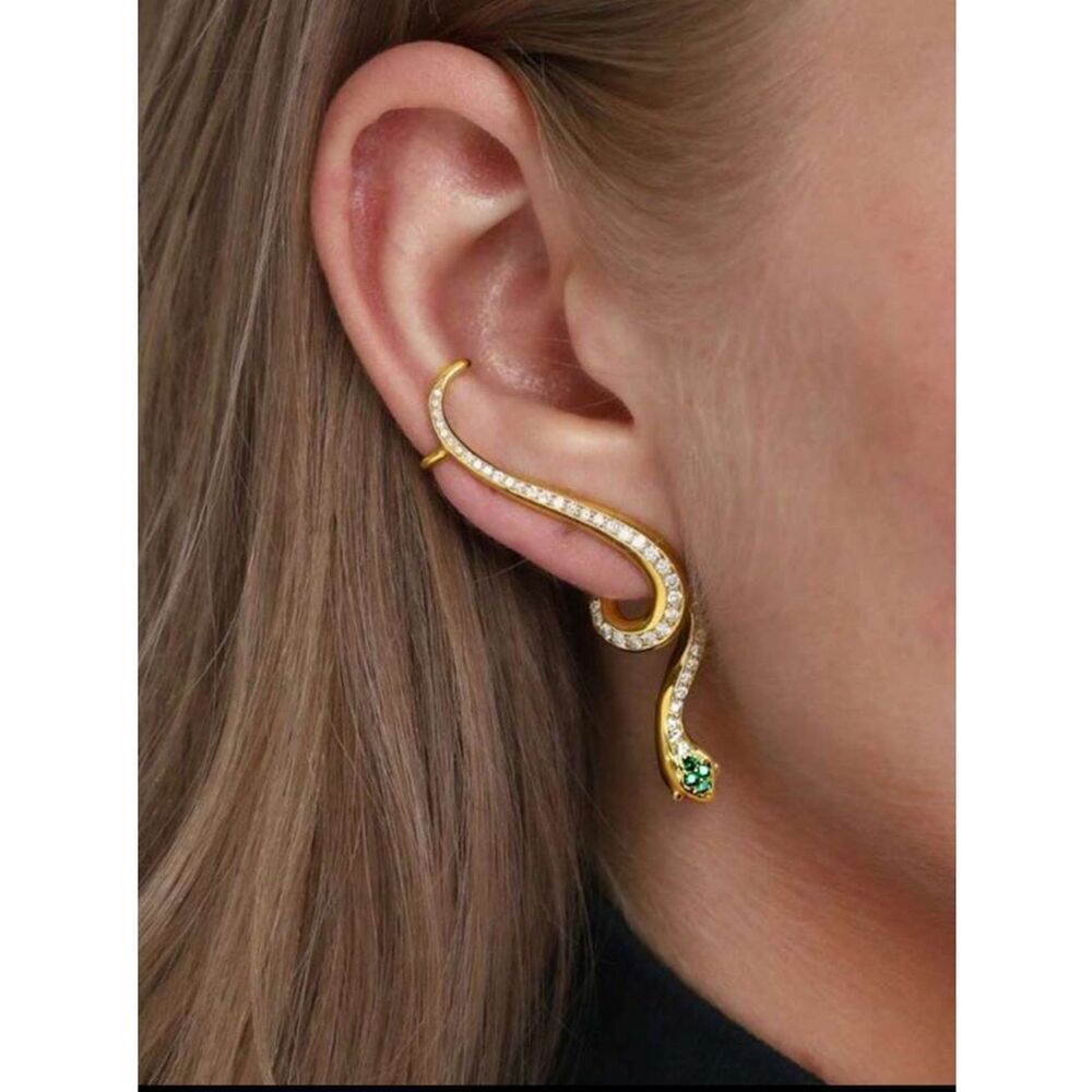 Gold Crystal Snake Ear Cuff with Emerald Accent - Women Jewelry R 564